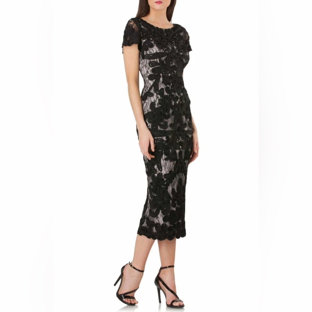 JS Collections Black Lace Midi Dress with Floral Appliqué 10